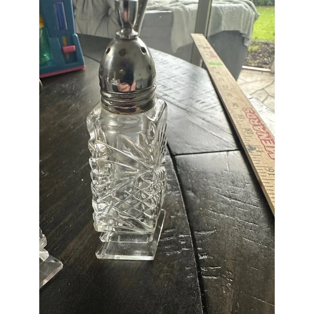 Vintage Cut Glass Salt and Pepper Shakers Set Silver Tone Lids Starburst Pattern